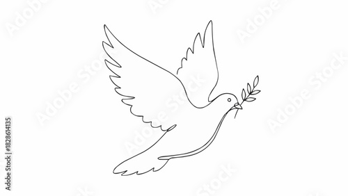A single line drawing of a dove flying with an olive branch in its beak on a white background