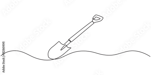 Continuous line drawing of shovel. Shovel linear icon. One line drawing background. Vector illustration. Shovel continuous line icon., Continuous line drawing of shovel vector icon. Single line shovel