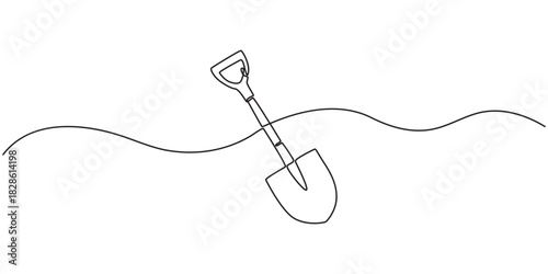 Continuous line drawing of shovel. Shovel linear icon. One line drawing background. Vector illustration. Shovel continuous line icon., Continuous line drawing of shovel vector icon. Single line shovel