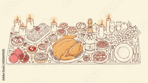 Festive holiday table setting with roasted turkey, desserts, champagne and candles arrangement design