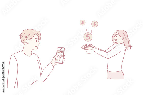 Man send money from smartphone to female colleague or coworker. Male employer make contactless cash or currency transaction to woman on internet. Easy banking concept. Vector illustration.