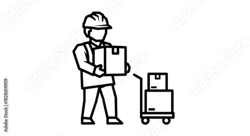 Line drawing of a worker carrying a box, with a trolley loaded with boxes next to him.