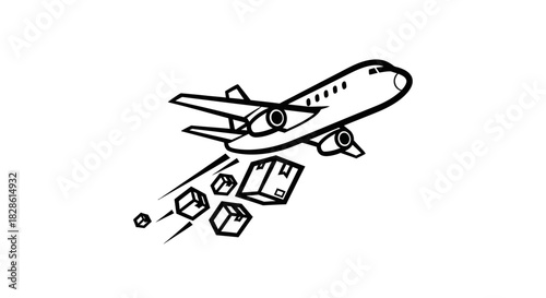 Airplane delivering boxes, illustration of air cargo and fast shipping.