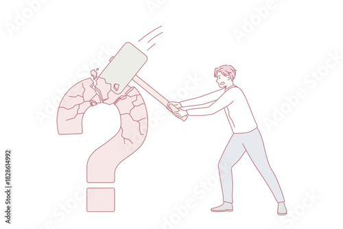 Businessman hold hammer crash huge question mark find business solution to problem. Male employee or worker look for trouble solving, make decision or choice. Vector illustration, cartoon character.