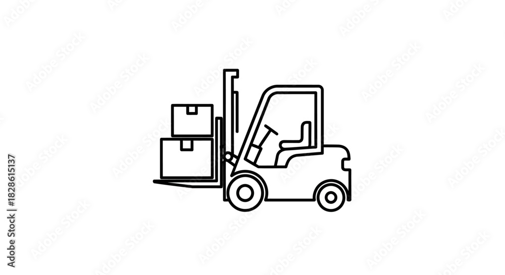 Fototapeta premium A forklift carrying stacked boxes, depicted in a simple, clean line art style on a white background.