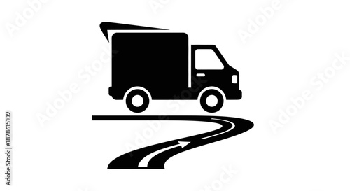 A black silhouette of a delivery truck driving on a winding road.