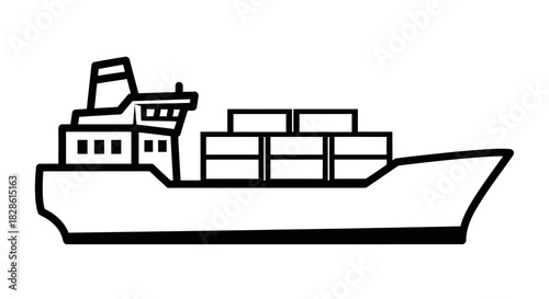 A cargo ship carrying containers is depicted in a simple black and white line drawing.