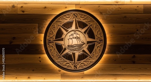 Intricate Wooden Compass Rose and Sailing Ship Art on Wood Wall