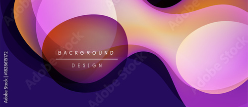 Abstract fluid shapes blend, creating vibrant purple, orange gradients. Text reads background design over central form. Modern aesthetic.