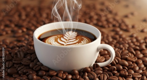 Steaming hot coffee with latte art on roasted coffee beans