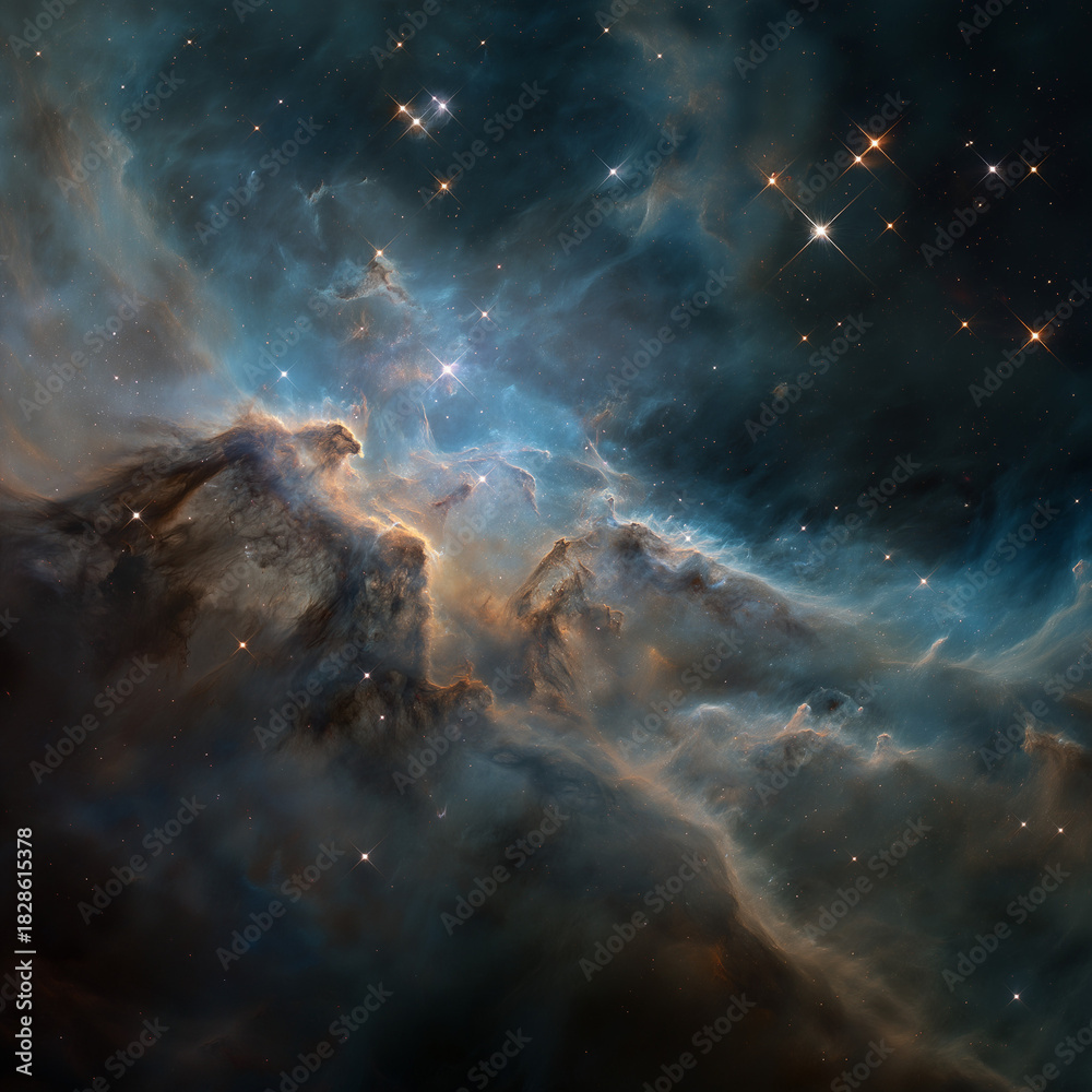 Fototapeta premium cosmic nebula in deep space, showcasing swirling clouds of gas and dust illuminated by starlight. It captures the grandeur and mystery of the universe