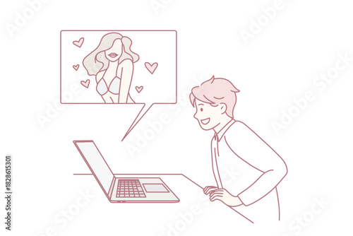 Smiling teen boy look at computer screen watch only for adults video on device online. Happy child or kid use laptop for banned censored content. Parental control, censorship. Vector illustration.