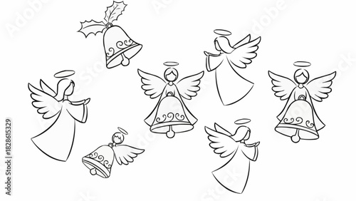 Outline drawing showing several angels and bells with holly for christmas decorations theme design