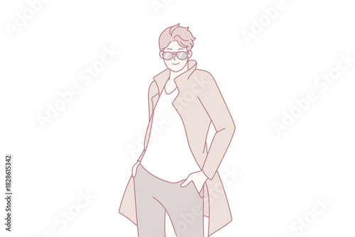 Portrait of stylish handsome young man in fashionable clothes and sunglasses posing. Smiling guy model wearing designer garment. Fashion and style. Vector illustration.