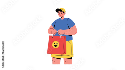 Man holding a shopping bag with a smiley face on it, perfect for e-commerce and lifestyle illustrations