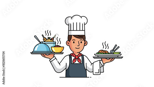 Smiling cartoon chef in uniform holding serving platters with delicious hot gourmet meals. Professional culinary arts vector illustration