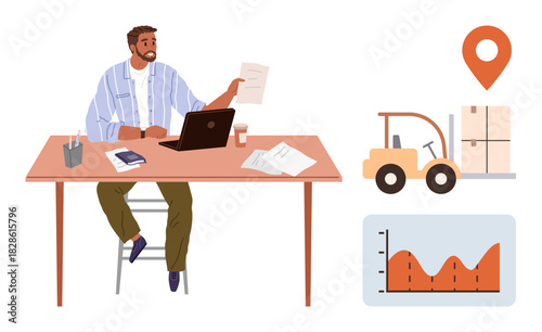 Manager analyzing documents at a work desk, laptop open, with warehouse forklift, graph, and location pin. Ideal for logistics, supply chain, warehouse operations, inventory management productivity