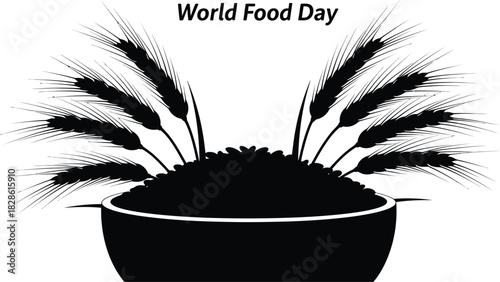 Black and graphic illustration celebrating world food day featuring a bowl filled with grain and stylized wheat stalks rising above it
