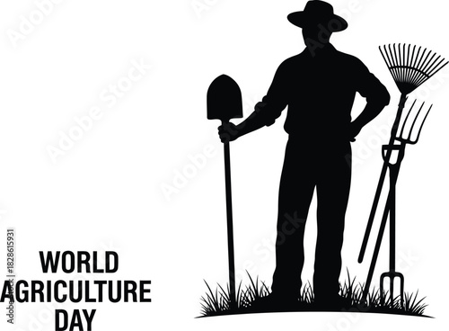 Silhouette of a farmer standing with a shovel and rake, celebrating world agriculture day