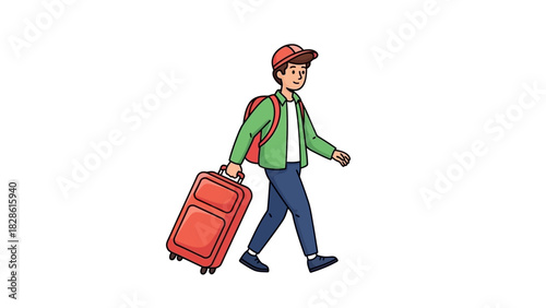 Young traveler with backpack and suitcase walking, ready for vacation