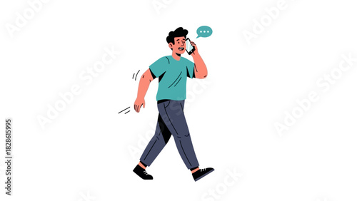 Dynamic illustration of a man walking briskly and talking on his smartphone, representing mobile communication and a connected, busy lifestyle