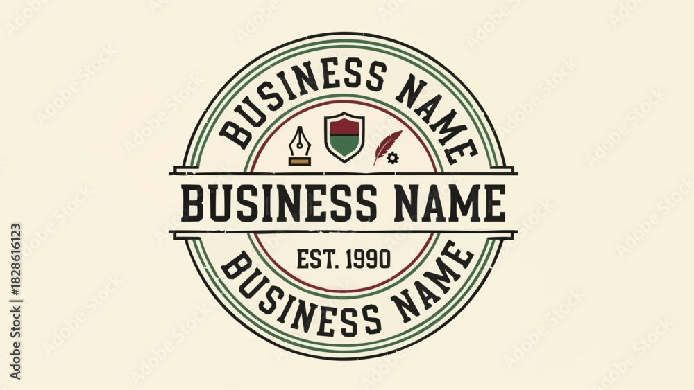 Fototapeta premium Vintage business logo with shield, pen, feather, and gear icons, established in nineteen ninety