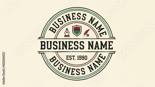Vintage business logo with shield, pen, feather, and gear icons, established in nineteen ninety