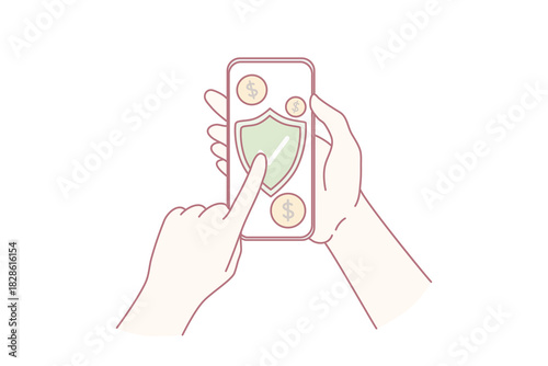 Hands holding cellphone buy online phone protection. Person with smartphone protect gadget from viruses. Technology safety. Vector illustration.