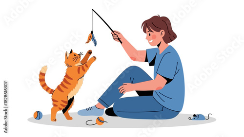 Woman playing with a cute cat using a feather toy and other pet accessories