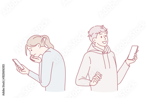 People using smartphones get bad and good messages on social media. Happy and sad man and woman with cellphone feel emotional with notifications or text. Addiction, technology. Vector illustration.