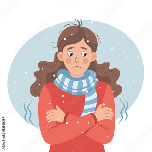 Woman feeling cold and shivering in winter. Illustration.woman, sad, cold, trembling, snow, landscape, discomfort, unhealthy, winter, weather, suffering, illustration, feeling, season, scarf, person, 