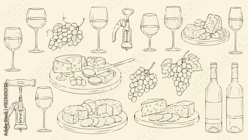 Illustration featuring wine glasses, grapes, cheese boards, bottles and corkscrews artfully arranged