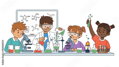 Children conducting a science experiment in a classroom laboratory with microscopes and beakers