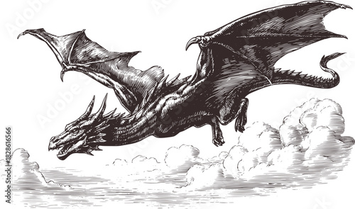 Hand Drawn Dragon Sketch Vector, Mythical Creature Line Art Illustration, Fantasy Beast Vintage Ink Drawing, Rustic Dragon Artwork