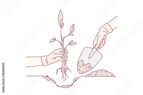 People with shovel plant small tree with roots in ground. Gardener with seedling in hands take care of environment. Gardening and agriculture concept. Environmental change. Vector illustration.