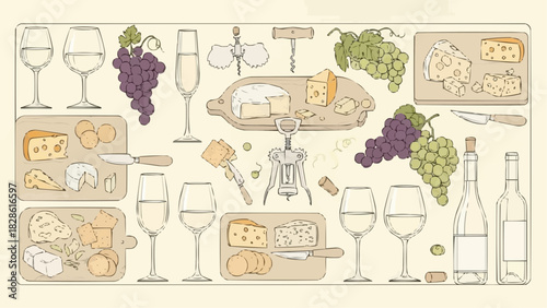 Illustration of wine glasses, bottles, grapes, cheese and corkscrews arranged together nicely