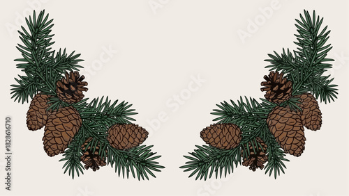 Illustration of two pine branches with needles and brown pine cones on a light background art piece