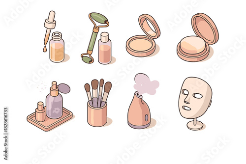 Isometric set of cosmetic products, skincare routine items, and beauty tools