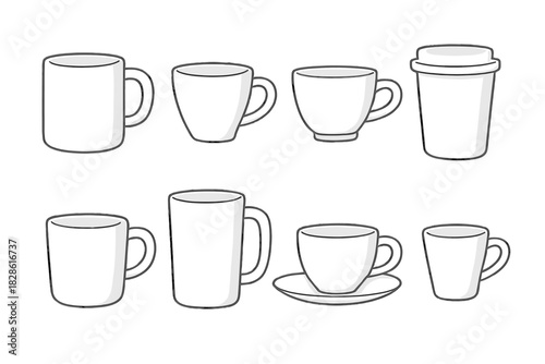 Blank white coffee mugs, tea cups, and disposable beverage containers collection