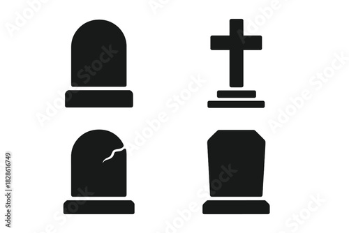 Simple black silhouettes of various gravestones, tombstones, and a religious cross symbol