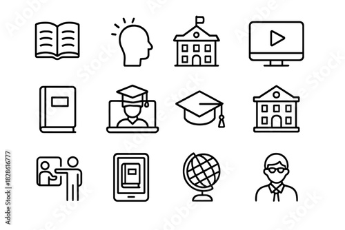 Minimalist outline symbols for education, learning, school, graduation, books, and online courses