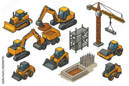 Heavy construction machinery set with excavator, bulldozer, crane, and road roller