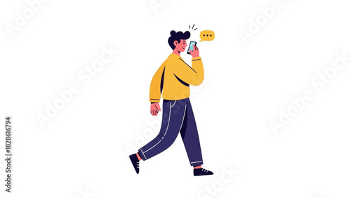 Man walking while looking at his phone, cartoon illustration of a person absorbed in their smartphone