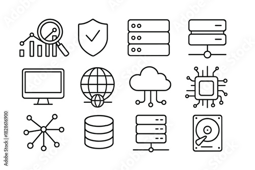 Outline icons for data analysis, cloud computing, network security, servers, and digital storage