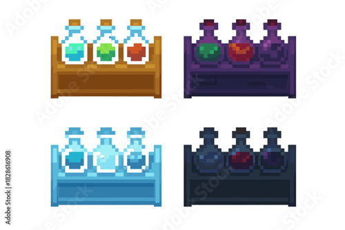 Pixel style potion bottles with colorful liquids displayed on wooden and dark racks