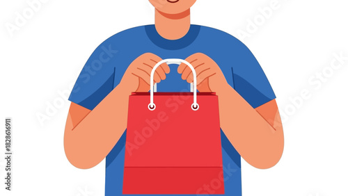 Person holding a red shopping bag with handles, symbolizing commerce and purchases