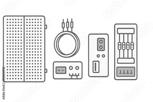 Set of electronic prototyping hardware including breadboard, audio jacks, and interface devices