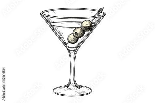 Detailed hand-drawn depiction of a classic martini cocktail served in a stemmed glass with olive garnish