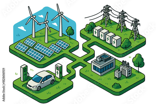 Sustainable energy ecosystem with wind turbines, solar panels, battery storage, and electric car charging station