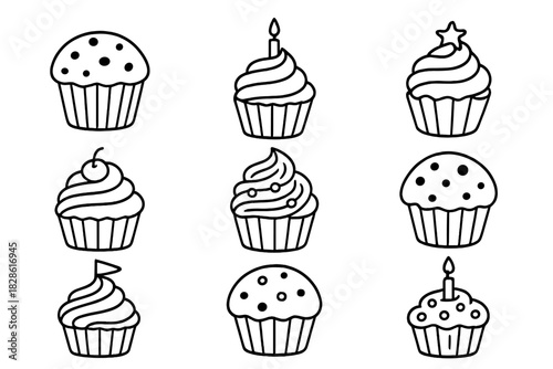 Collection of black outline drawings showing various decorated sweet cupcakes and muffins